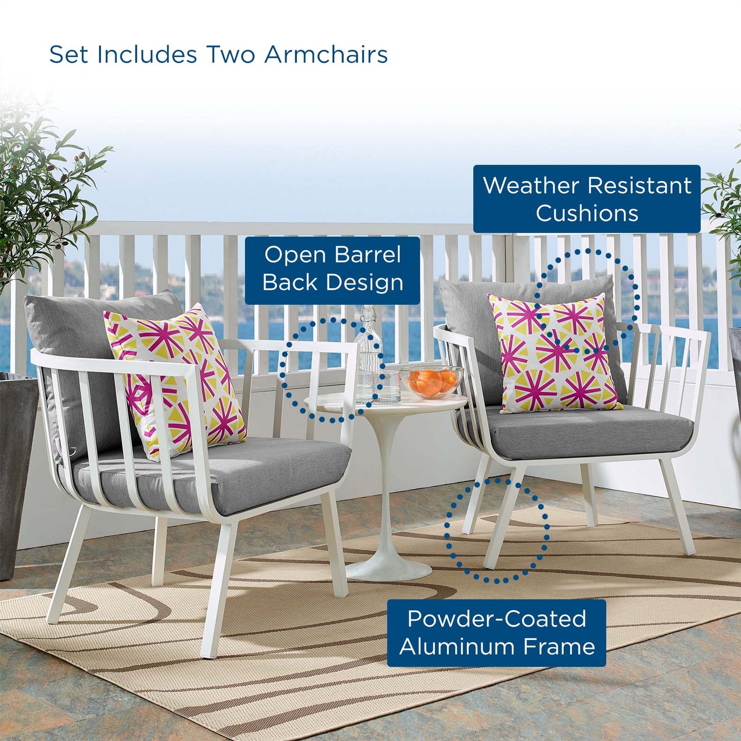 Riverside Outdoor Patio Aluminum Armchair Set of 2, Aluminum, Metal, Steel, White Grey Gray, 18874
