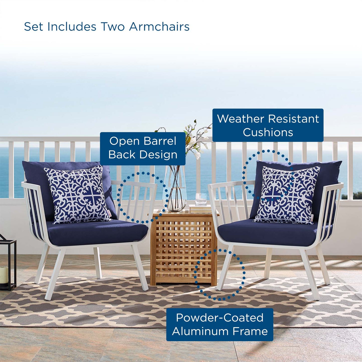 Riverside Outdoor Patio Aluminum Armchair Set of 2, Aluminum, Metal, Steel, White Blue Navy, 18875