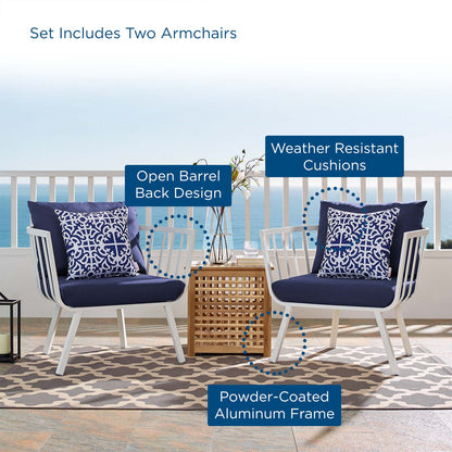 Riverside Outdoor Patio Aluminum Armchair Set of 2, Aluminum, Metal, Steel, White Blue Navy, 18875