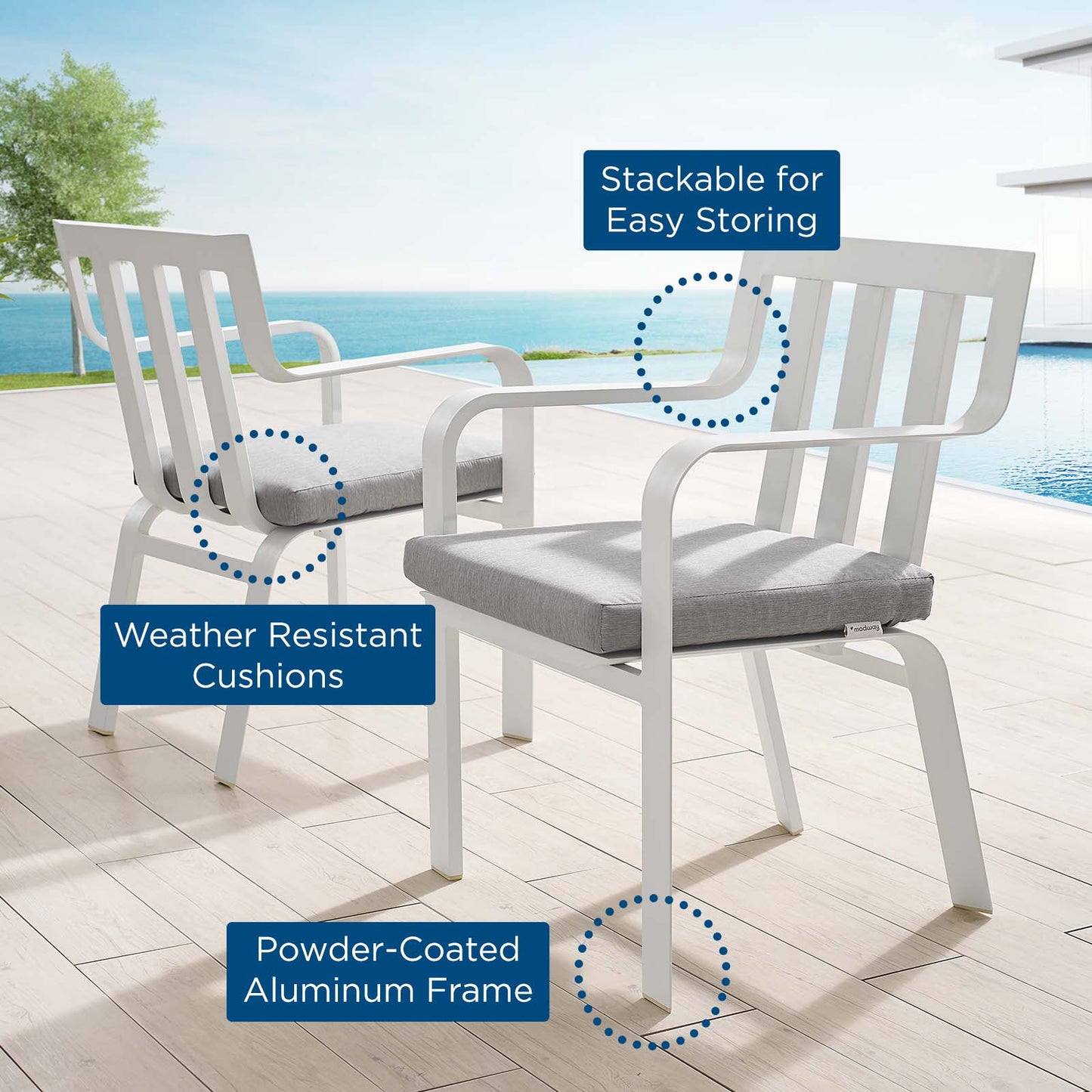 Baxley Outdoor Patio Aluminum Armchair Set of 2, Aluminum, Metal, Steel, White Grey Gray, 18876