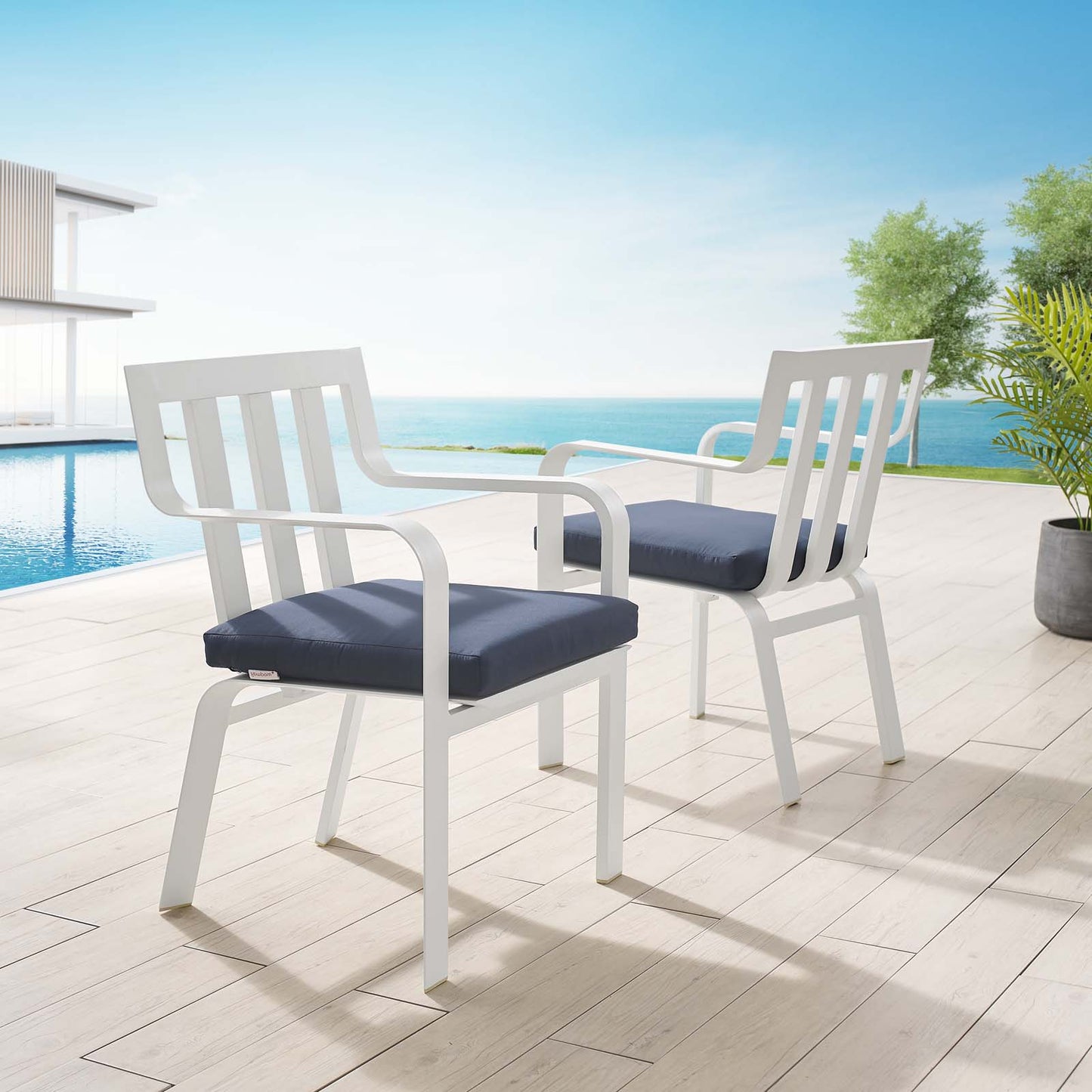 Baxley Outdoor Patio Aluminum Armchair Set of 2, Aluminum, Metal, Steel, White Blue Navy, 18877