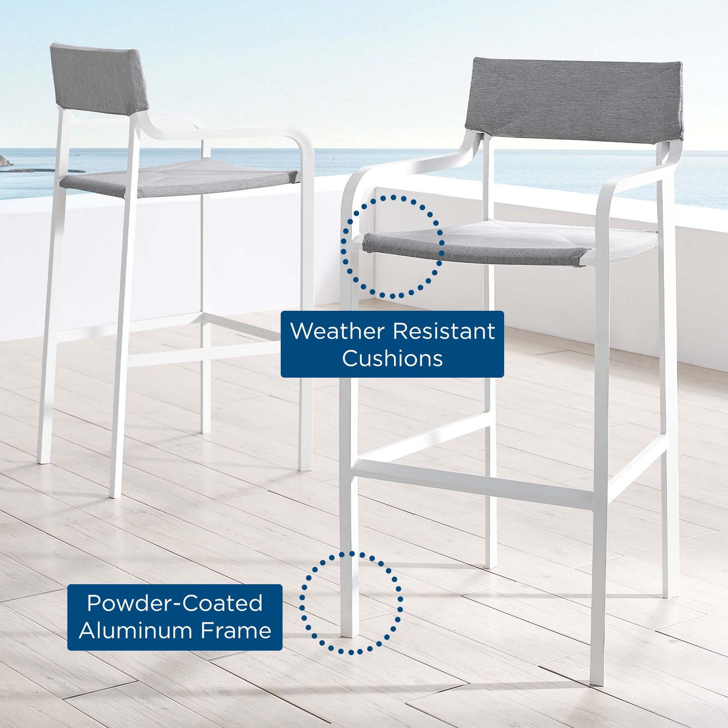 Raleigh Outdoor Patio Aluminum Bar Stool Set of 2, Aluminum, Metal, Steel, White Grey Gray, 18880