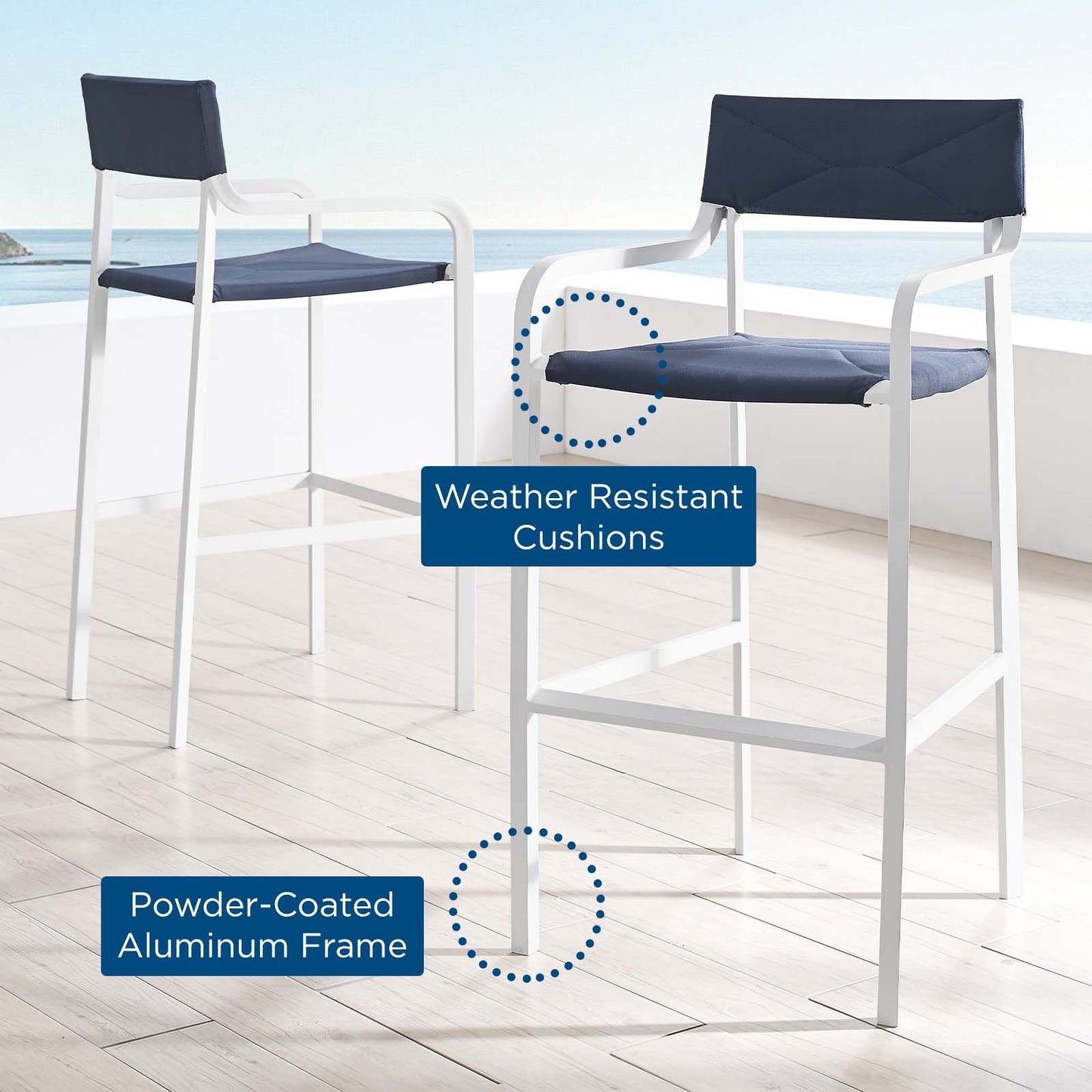 Raleigh Outdoor Patio Aluminum Bar Stool Set of 2, Aluminum, Metal, Steel, White Blue Navy, 18881