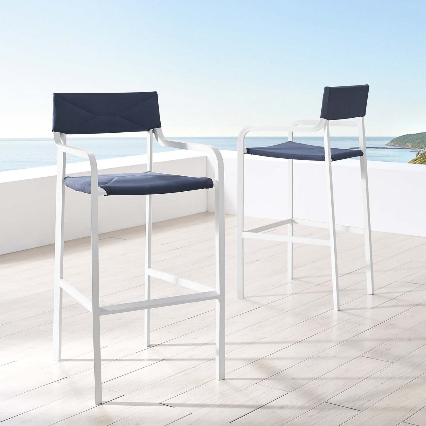 Raleigh Outdoor Patio Aluminum Bar Stool Set of 2, Aluminum, Metal, Steel, White Blue Navy, 18881