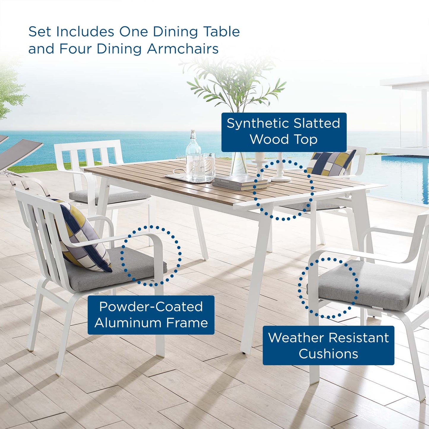 Baxley 5 Piece Outdoor Patio Aluminum Dining Set, Aluminum, Metal, Steel, White Grey Gray, 18882