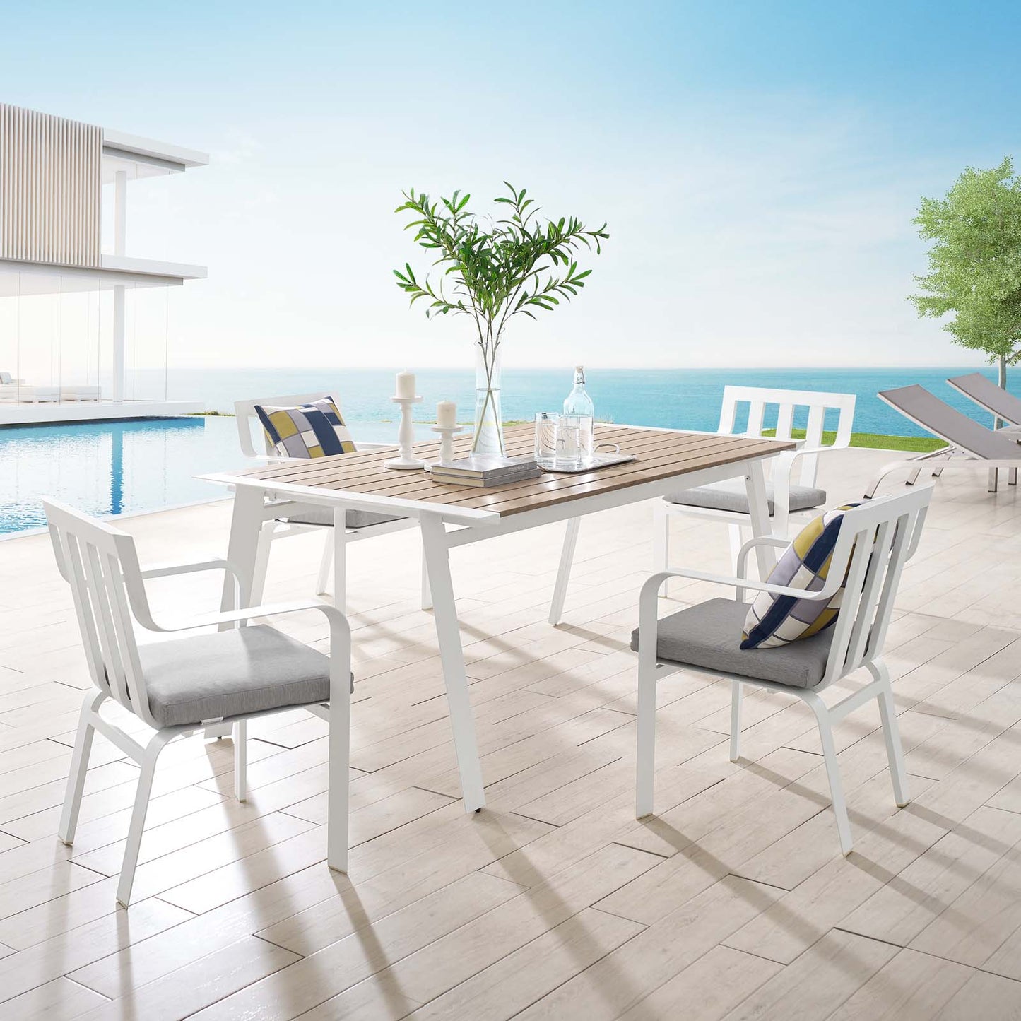 Baxley 5 Piece Outdoor Patio Aluminum Dining Set, Aluminum, Metal, Steel, White Grey Gray, 18882