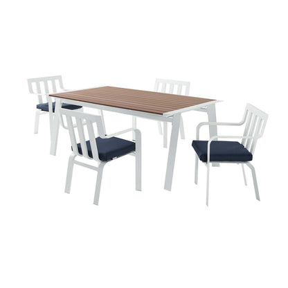 Baxley 5 Piece Outdoor Patio Aluminum Dining Set, Aluminum, Metal, Steel, White Blue Navy, 18883