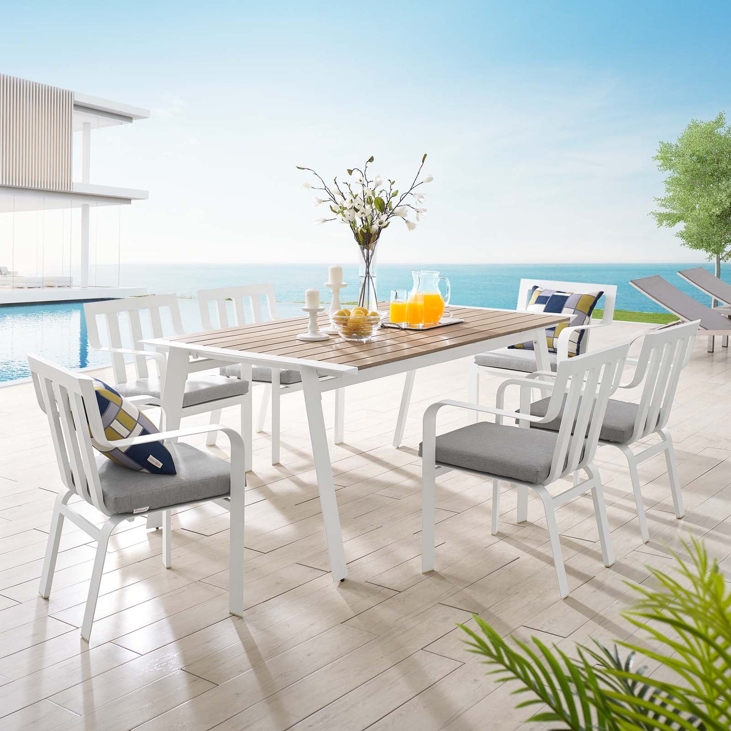 Baxley 7 Piece Outdoor Patio Aluminum Dining Set, Aluminum, Metal, Steel, White Grey Gray, 18884