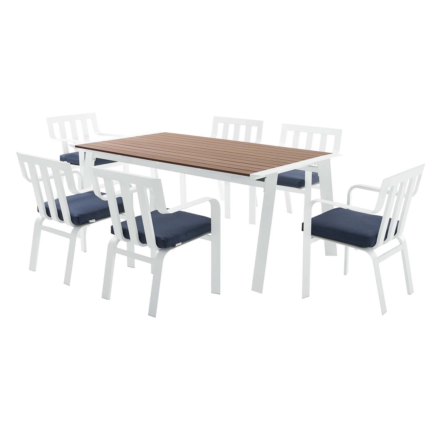 Baxley 7 Piece Outdoor Patio Aluminum Dining Set, Aluminum, Metal, Steel, White Blue Navy, 18885