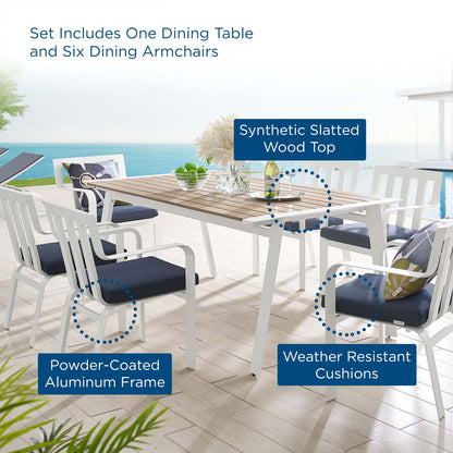 Baxley 7 Piece Outdoor Patio Aluminum Dining Set, Aluminum, Metal, Steel, White Blue Navy, 18885