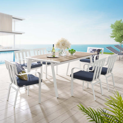 Baxley 7 Piece Outdoor Patio Aluminum Dining Set, Aluminum, Metal, Steel, White Blue Navy, 18885