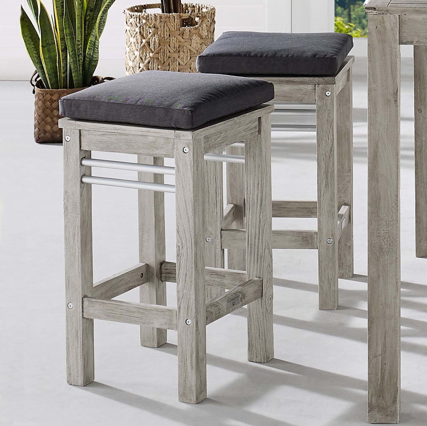 Wiscasset Outdoor Patio Acacia Wood Bar Stool Set of 2, Wood, Light Grey Gray, 18889
