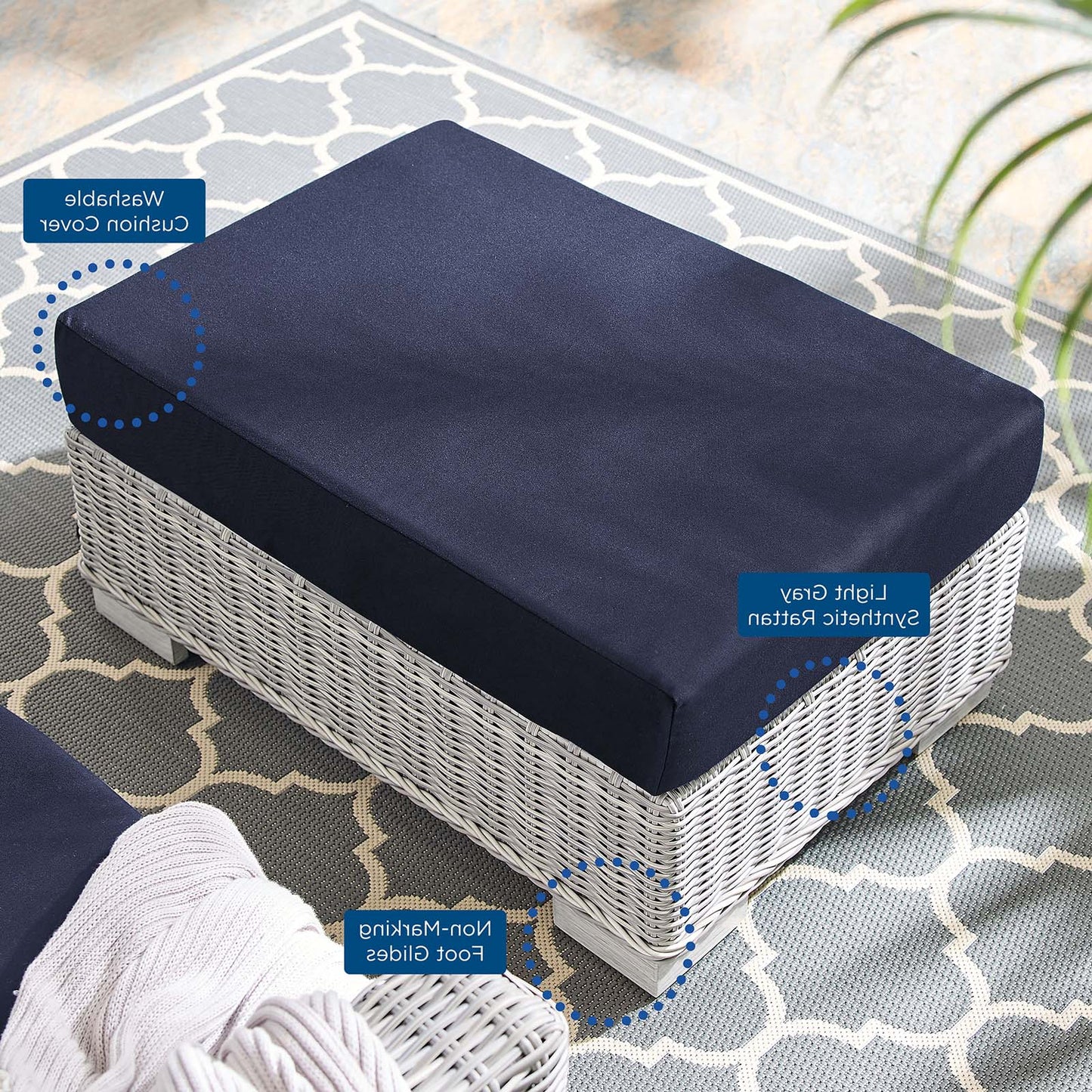 Conway Sunbrella® Outdoor Patio Wicker Rattan Ottoman, Rattan, Wicker, Light Grey Gray Blue Navy, 18894