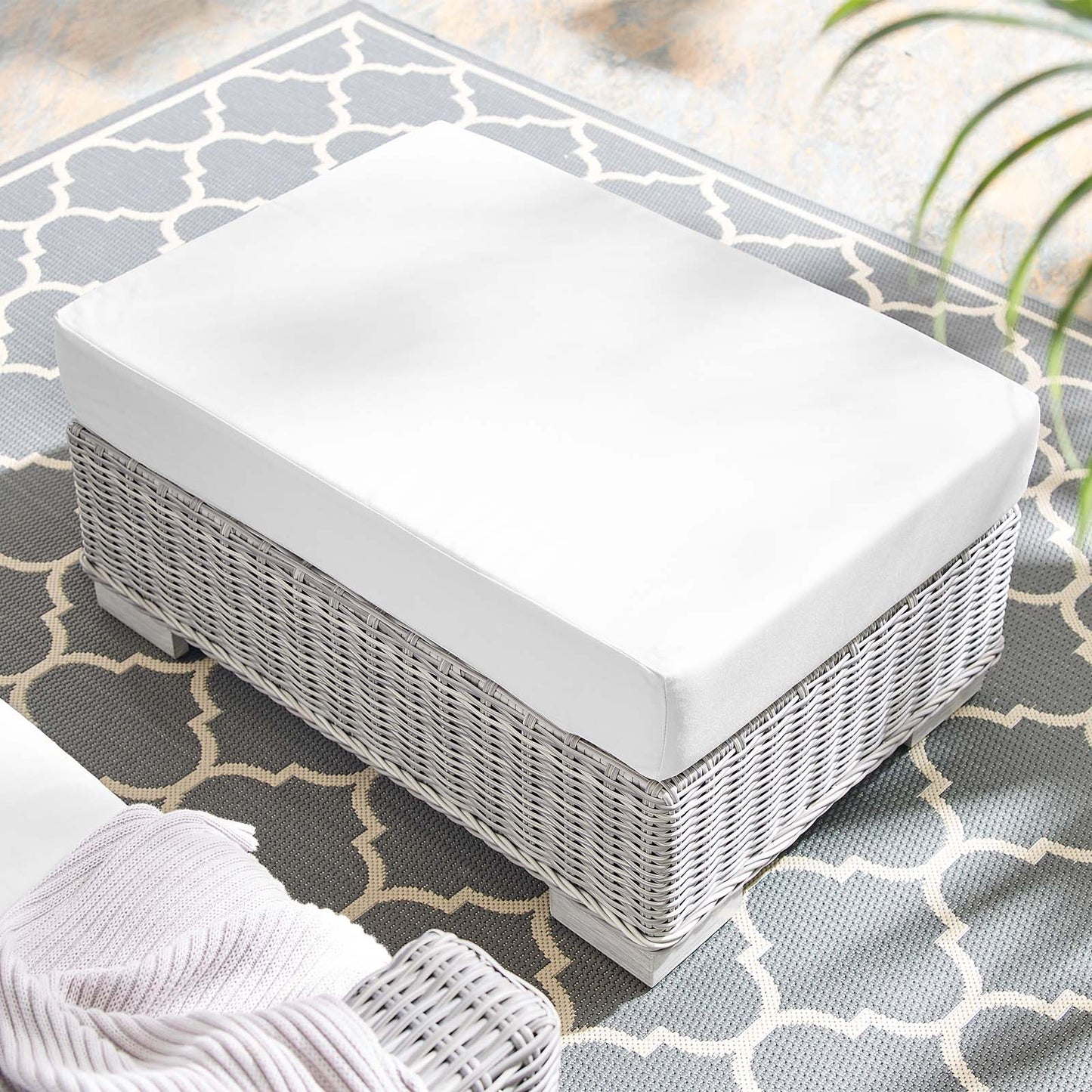 Conway Sunbrella® Outdoor Patio Wicker Rattan Ottoman, Rattan, Wicker, Light Grey Gray White, 18895