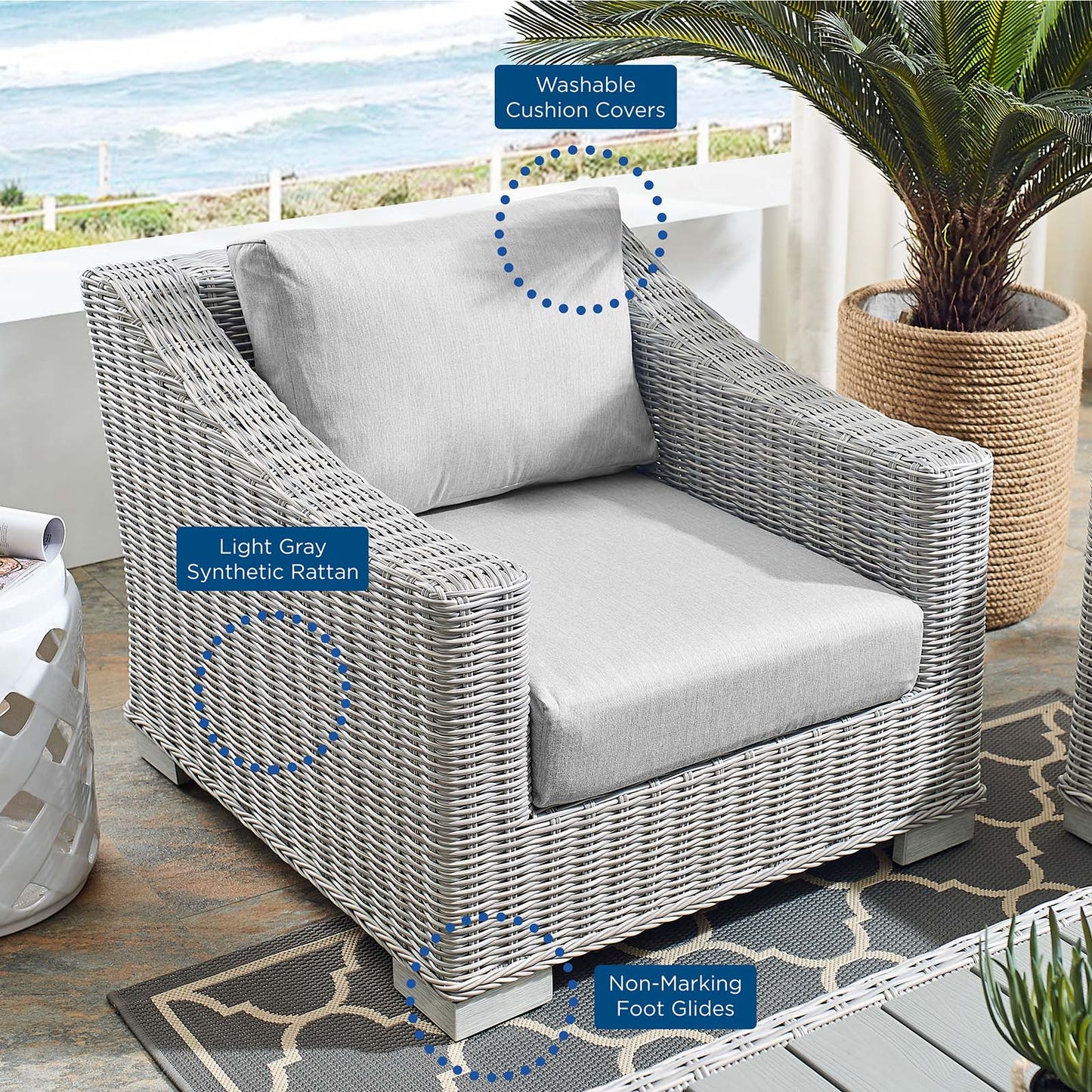 Conway Sunbrella® Outdoor Patio Wicker Rattan Armchair, Rattan, Wicker, Grey Gray, 18896
