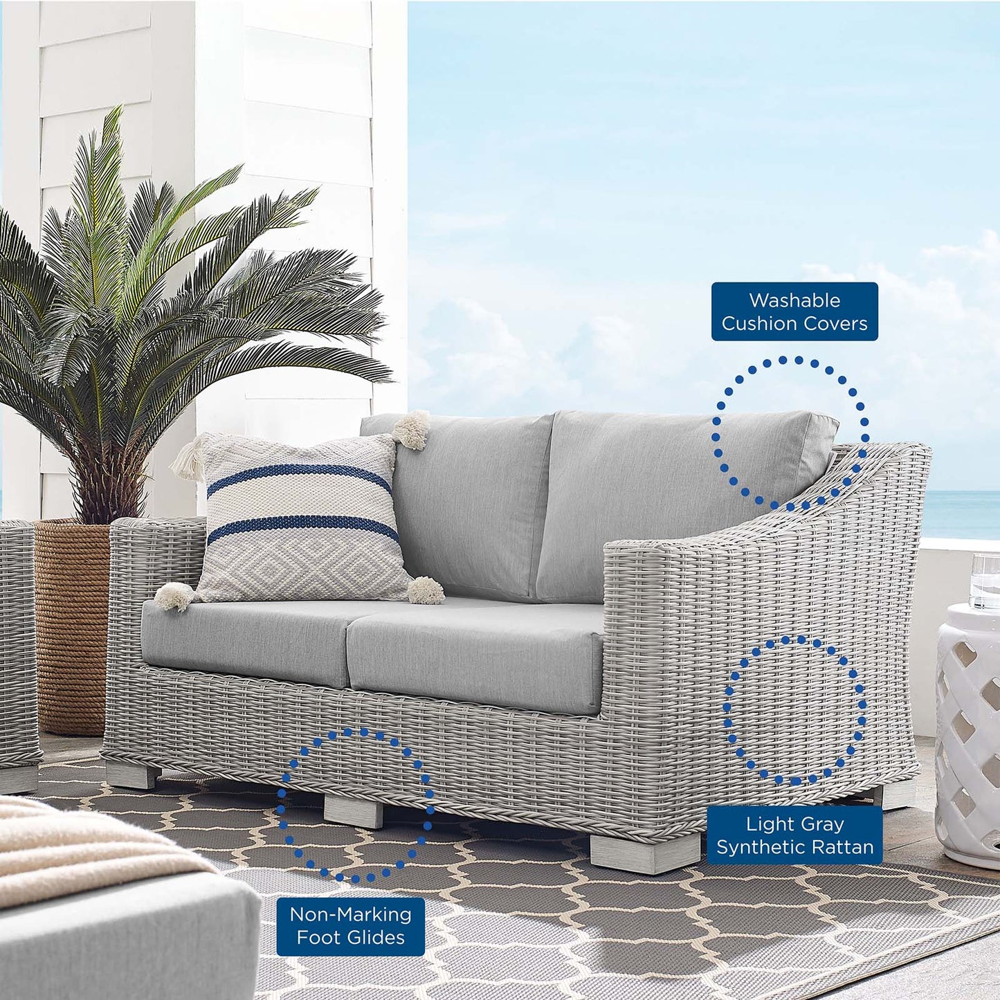 Conway Sunbrella® Outdoor Patio Wicker Rattan Loveseat, Rattan, Wicker, Grey Gray, 18899