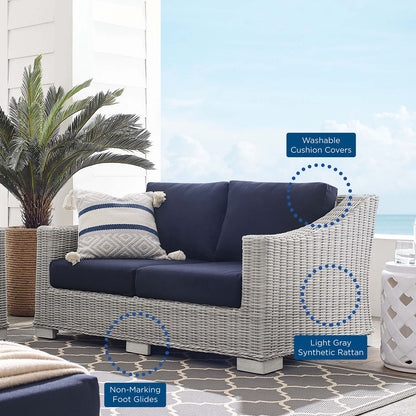 Conway Sunbrella® Outdoor Patio Wicker Rattan Loveseat, Rattan, Wicker, Light Grey Gray Blue Navy, 18900
