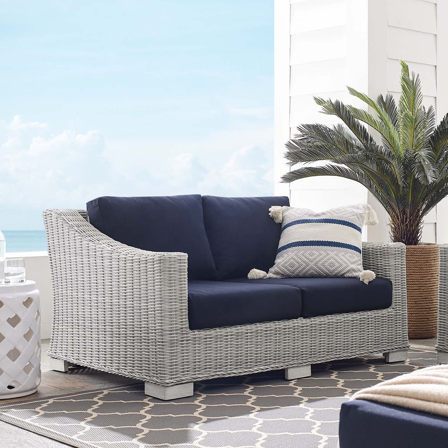 Conway Sunbrella® Outdoor Patio Wicker Rattan Loveseat, Rattan, Wicker, Light Grey Gray Blue Navy, 18900
