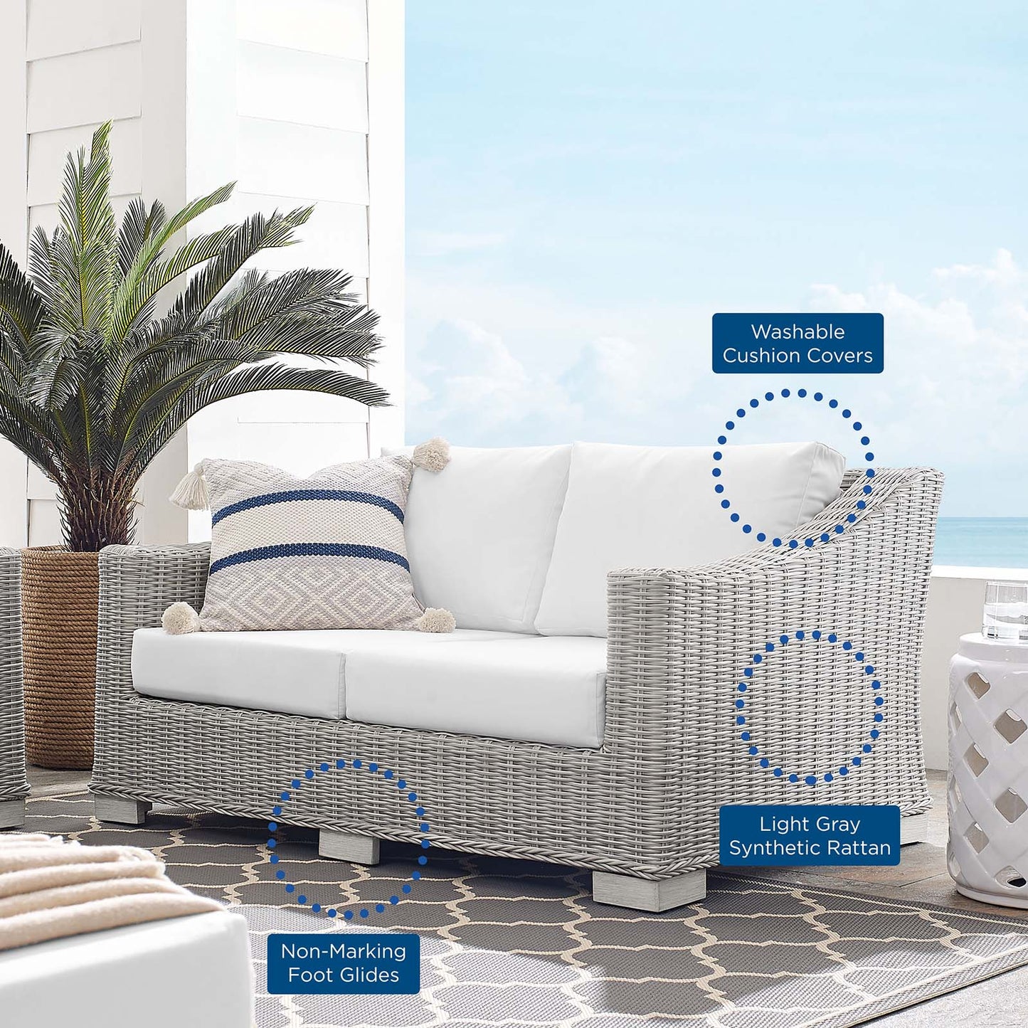 Conway Sunbrella® Outdoor Patio Wicker Rattan Loveseat, Rattan, Wicker, Light Grey Gray White, 18901