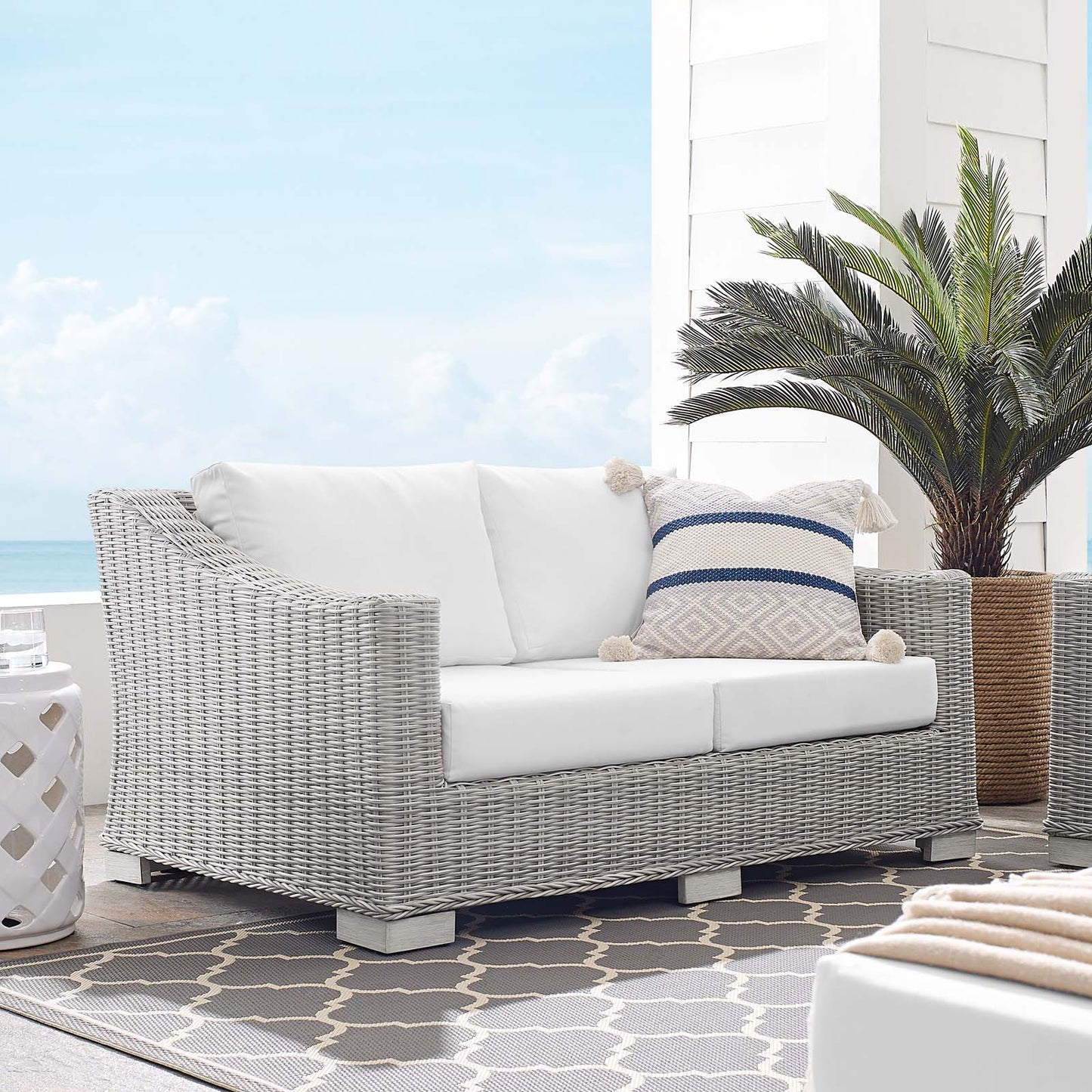 Conway Sunbrella® Outdoor Patio Wicker Rattan Loveseat, Rattan, Wicker, Light Grey Gray White, 18901