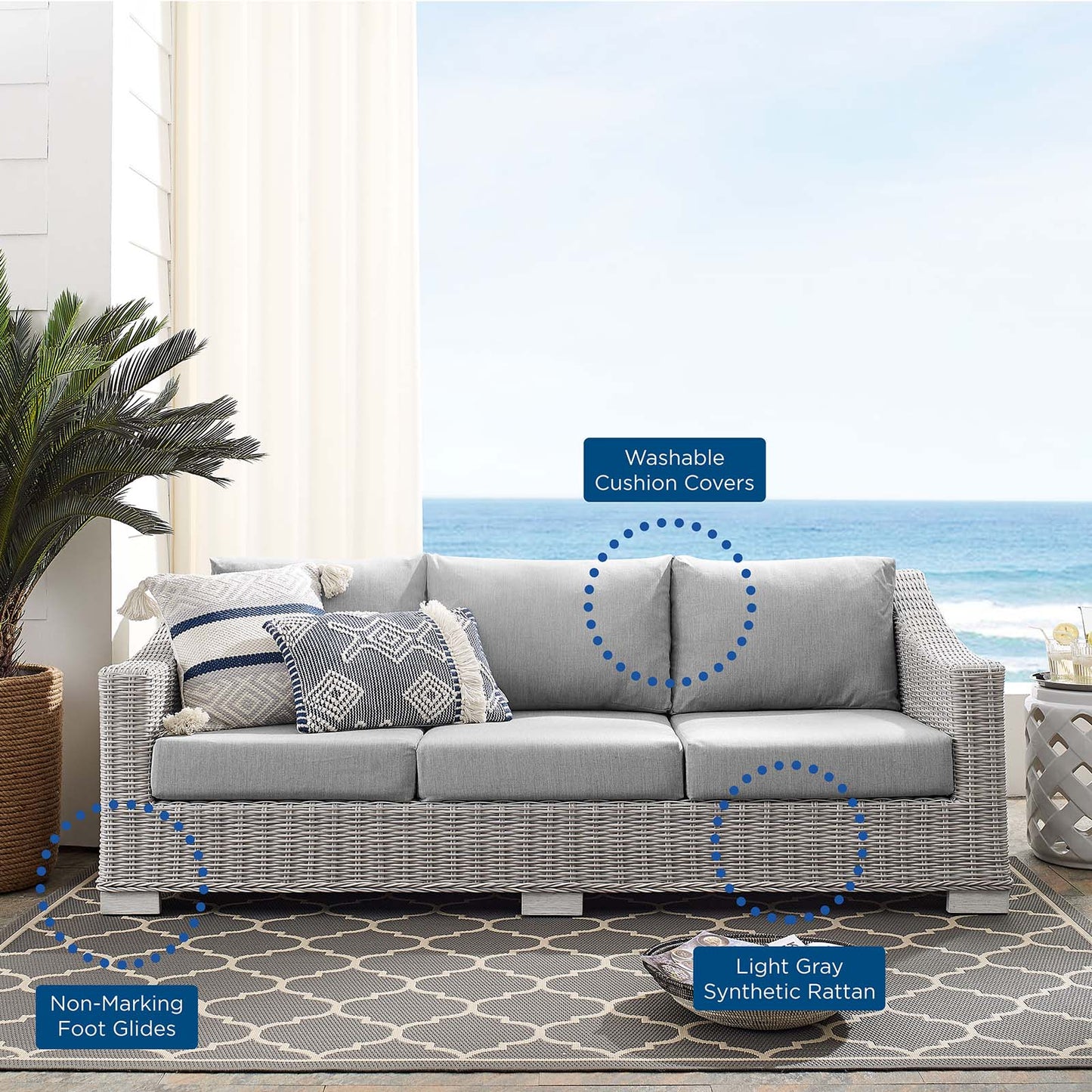 Conway Sunbrella® Outdoor Patio Wicker Rattan Sofa, Rattan, Wicker, Grey Gray, 18902