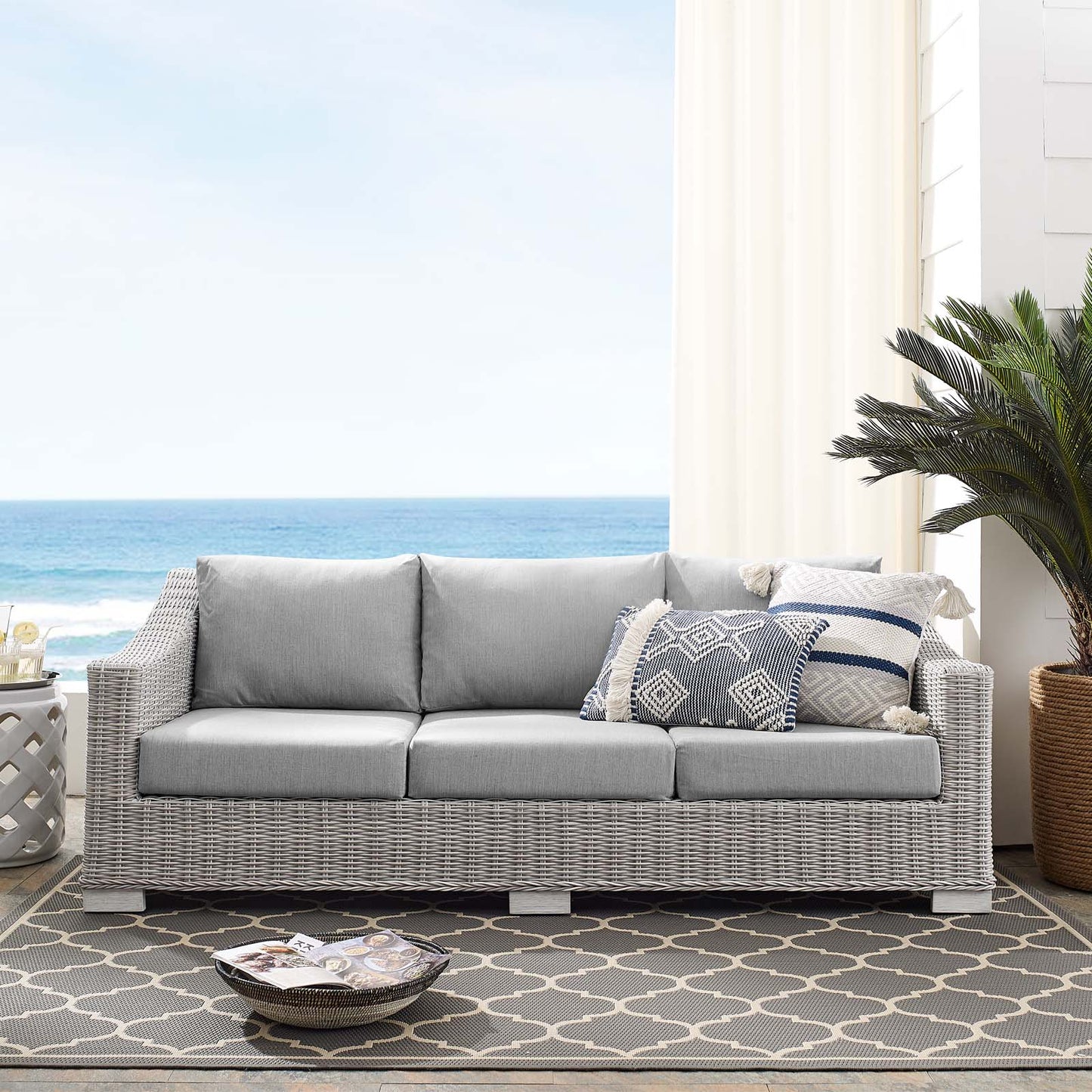 Conway Sunbrella® Outdoor Patio Wicker Rattan Sofa, Rattan, Wicker, Grey Gray, 18902
