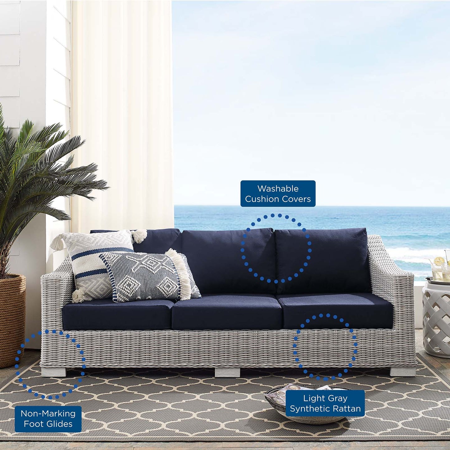 Conway Sunbrella® Outdoor Patio Wicker Rattan Sofa, Rattan, Wicker, Light Grey Gray Blue Navy, 18903