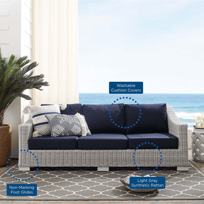 Conway Sunbrella® Outdoor Patio Wicker Rattan Sofa, Rattan, Wicker, Light Grey Gray Blue Navy, 18903