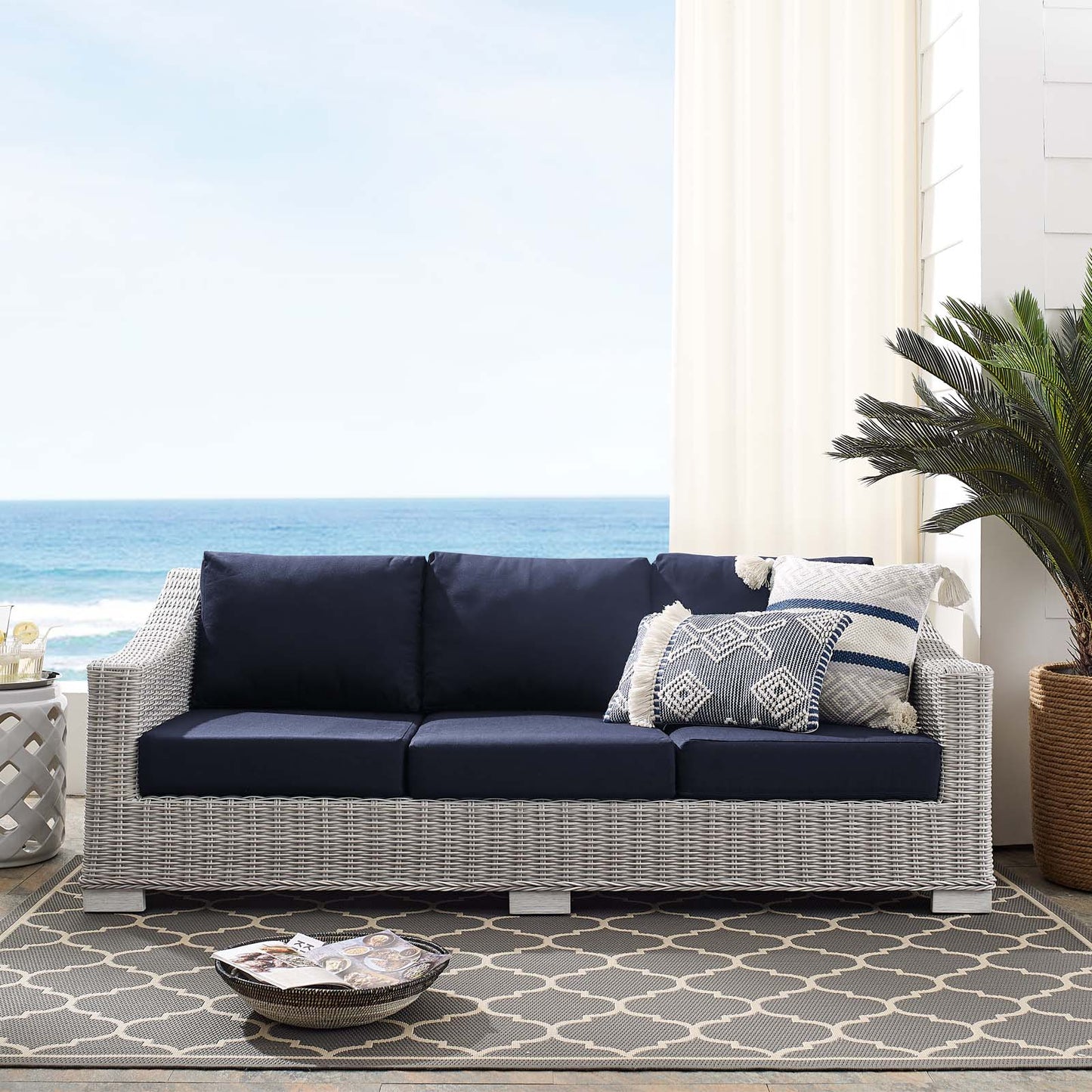 Conway Sunbrella® Outdoor Patio Wicker Rattan Sofa, Rattan, Wicker, Light Grey Gray Blue Navy, 18903
