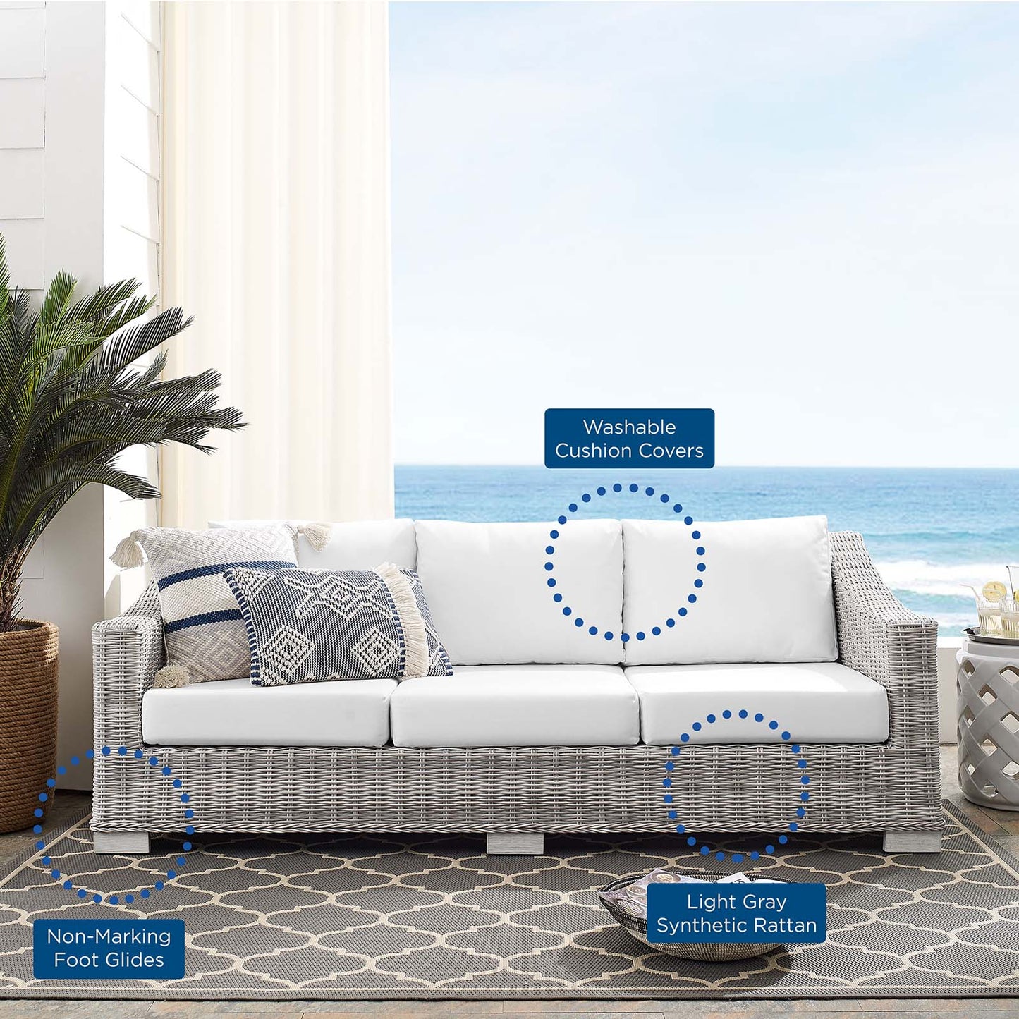 Conway Sunbrella® Outdoor Patio Wicker Rattan Sofa, Rattan, Wicker, Light Grey Gray White, 18904