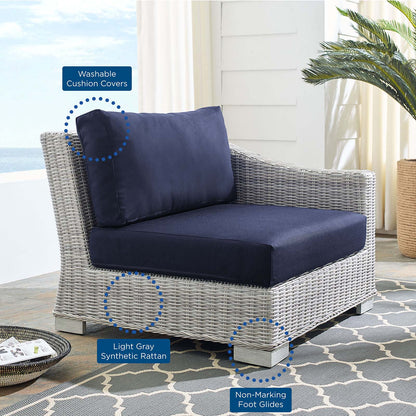 Conway Sunbrella® Outdoor Patio Wicker Rattan Right-Arm Chair, Rattan, Wicker, Light Grey Gray Blue Navy, 18909