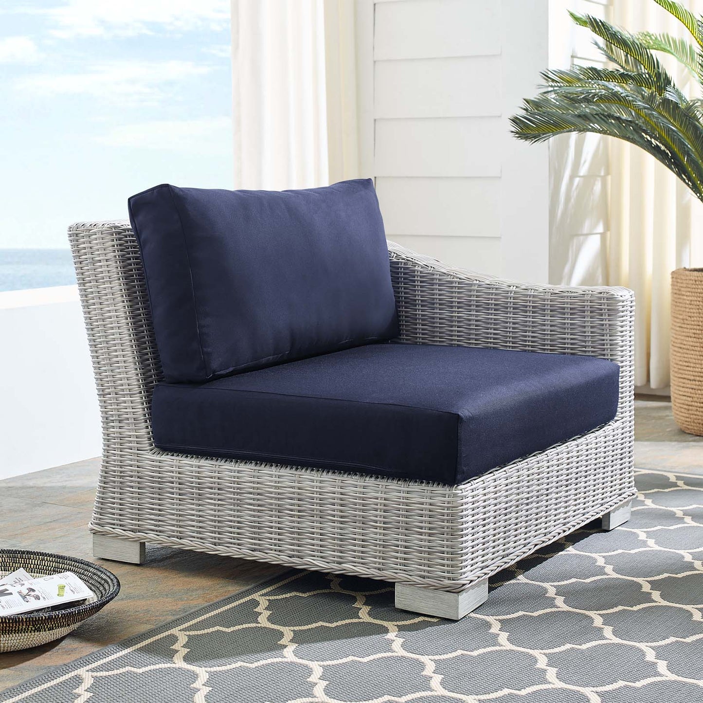 Conway Sunbrella® Outdoor Patio Wicker Rattan Right-Arm Chair, Rattan, Wicker, Light Grey Gray Blue Navy, 18909