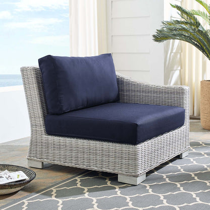 Conway Sunbrella® Outdoor Patio Wicker Rattan Right-Arm Chair, Rattan, Wicker, Light Grey Gray Blue Navy, 18909