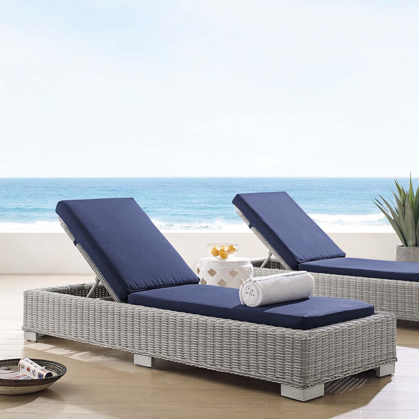 Conway Sunbrella® Outdoor Patio Wicker Rattan Chaise Lounge, Rattan, Wicker, Light Grey Gray Blue Navy, 18912