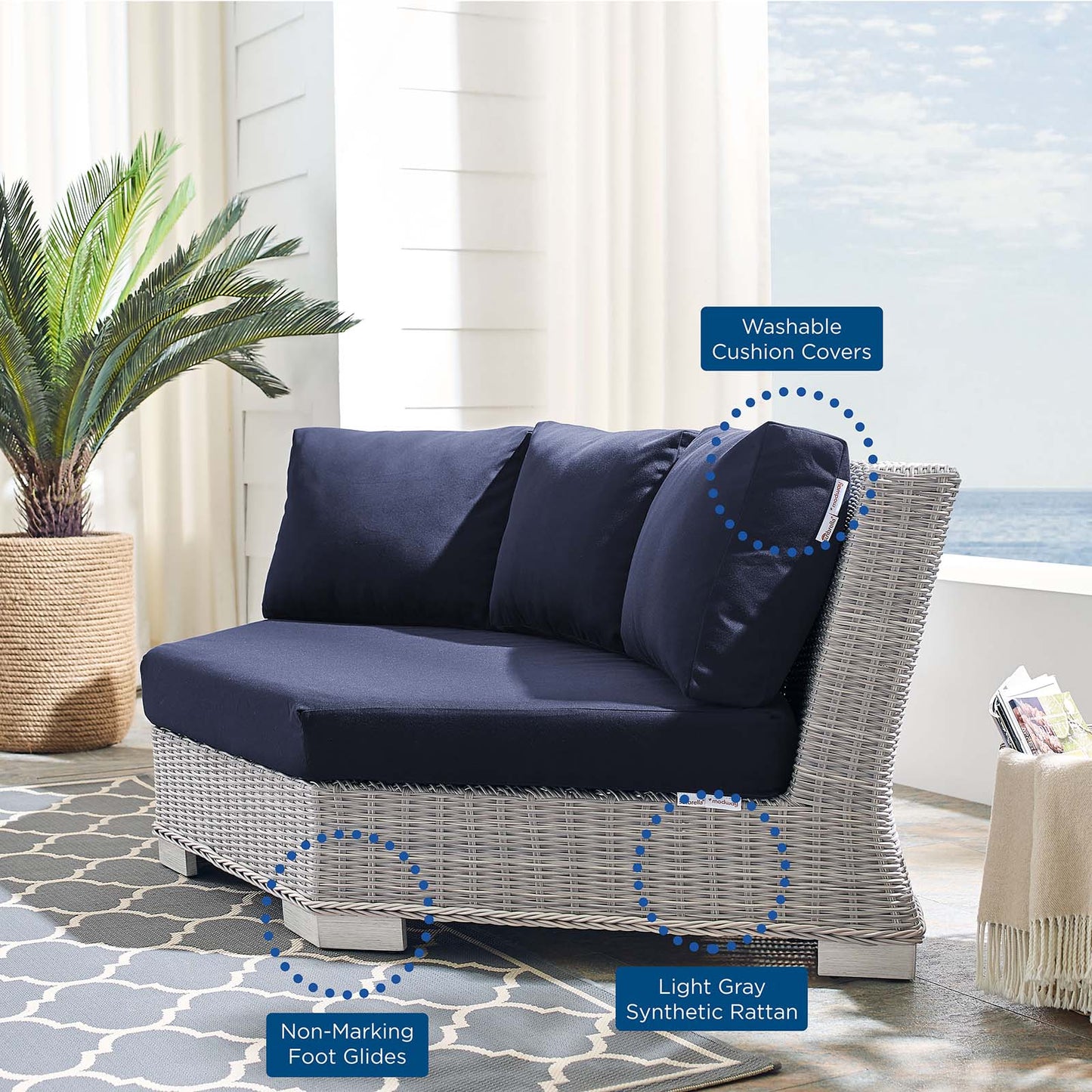 Conway Sunbrella® Outdoor Patio Wicker Rattan Round Corner Chair, Rattan, Wicker, Light Grey Gray Blue Navy, 18915