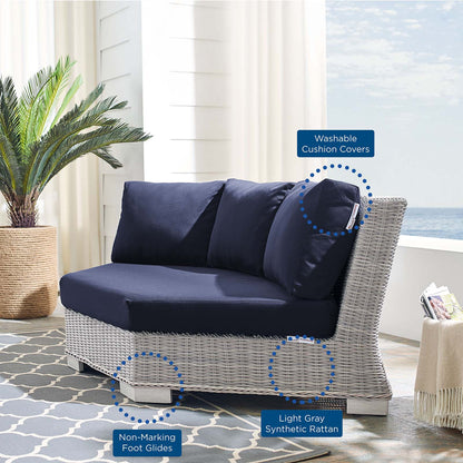 Conway Sunbrella® Outdoor Patio Wicker Rattan Round Corner Chair, Rattan, Wicker, Light Grey Gray Blue Navy, 18915