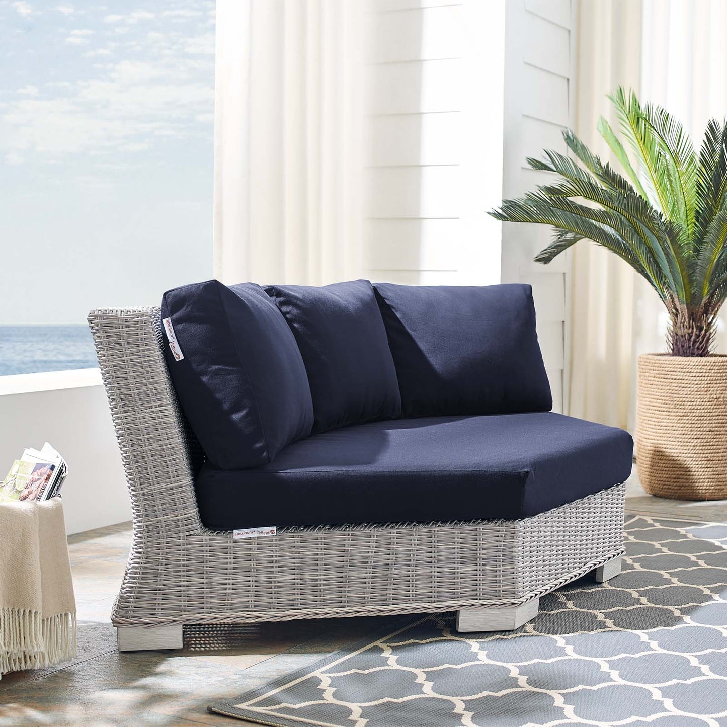 Conway Sunbrella® Outdoor Patio Wicker Rattan Round Corner Chair, Rattan, Wicker, Light Grey Gray Blue Navy, 18915
