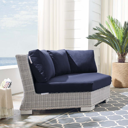 Conway Sunbrella® Outdoor Patio Wicker Rattan Round Corner Chair, Rattan, Wicker, Light Grey Gray Blue Navy, 18915