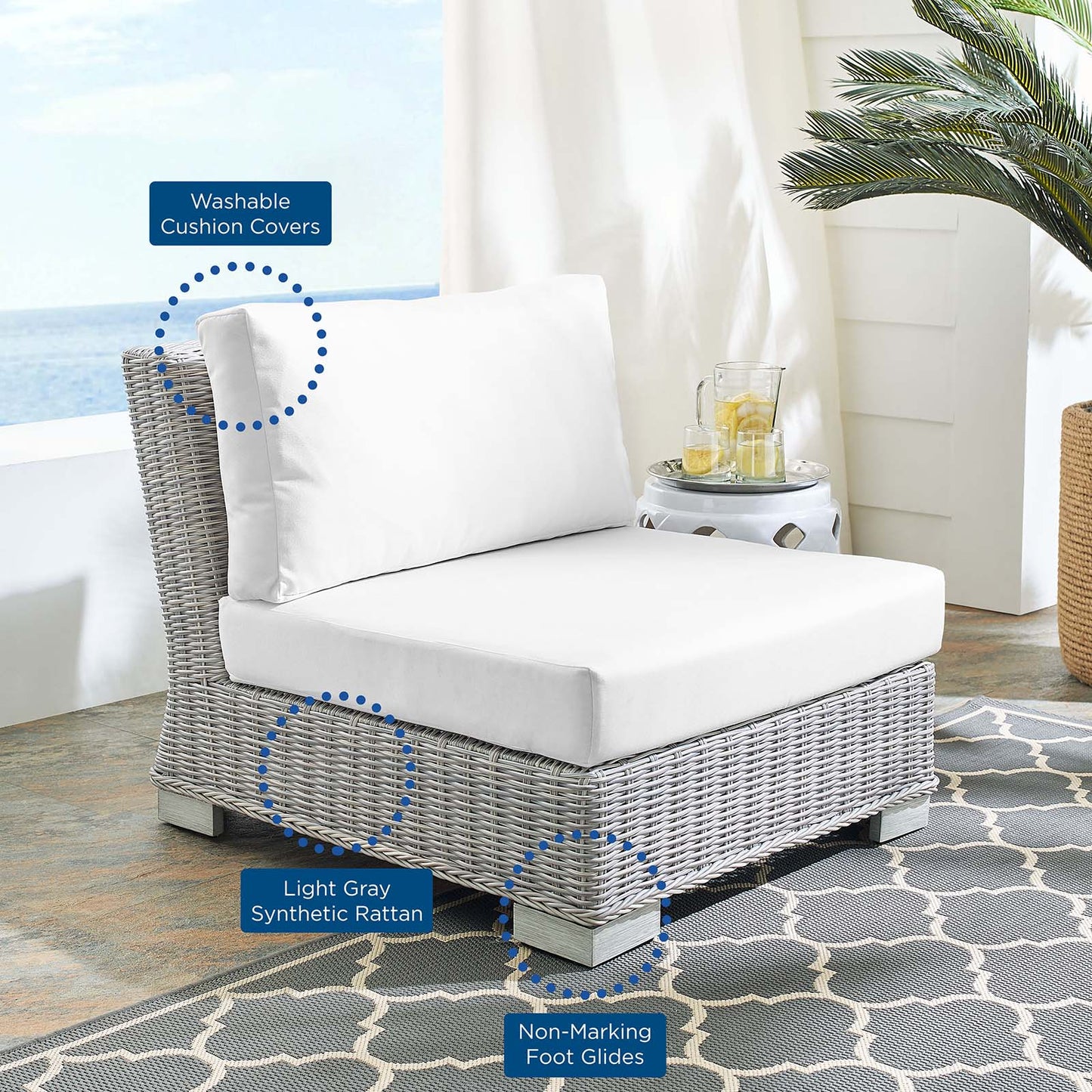 Conway Sunbrella® Outdoor Patio Wicker Rattan Armless Chair, Rattan, Wicker, Light Grey Gray White, 18919