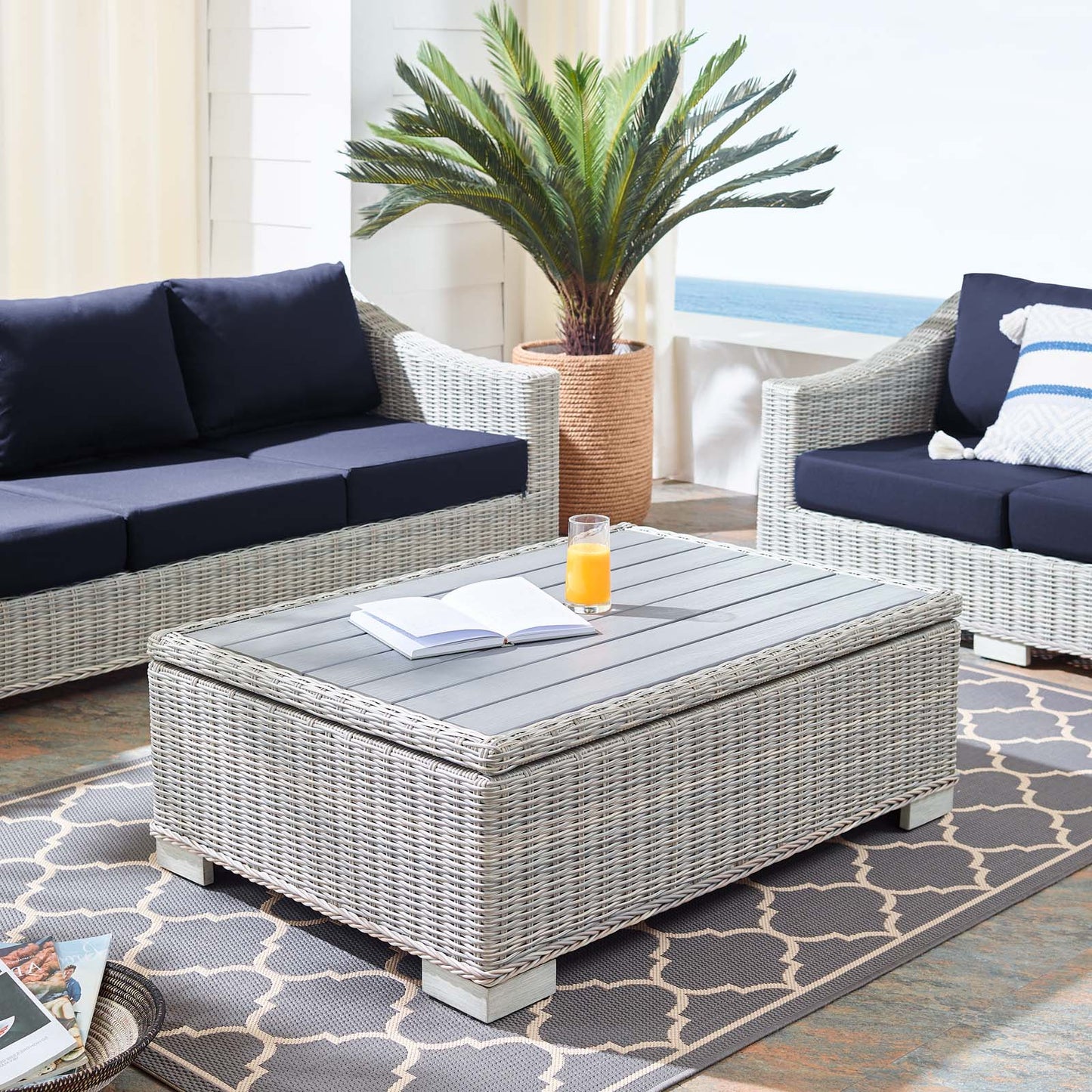 Conway 45" Outdoor Patio Wicker Rattan Coffee Table, Rattan, Wicker, Light Grey Gray, 18921