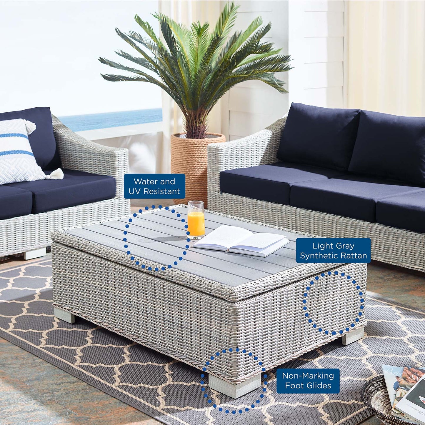 Conway 45" Outdoor Patio Wicker Rattan Coffee Table, Rattan, Wicker, Light Grey Gray, 18921