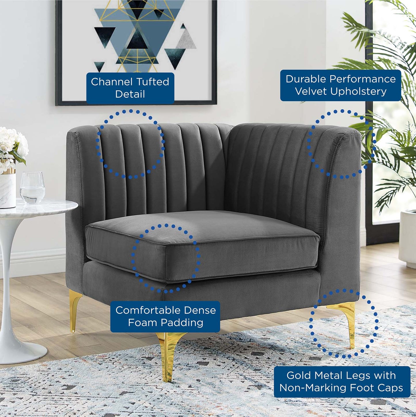 Triumph Channel Tufted Performance Velvet Sectional Sofa Corner Chair, Velvet, Grey Gray, 18922