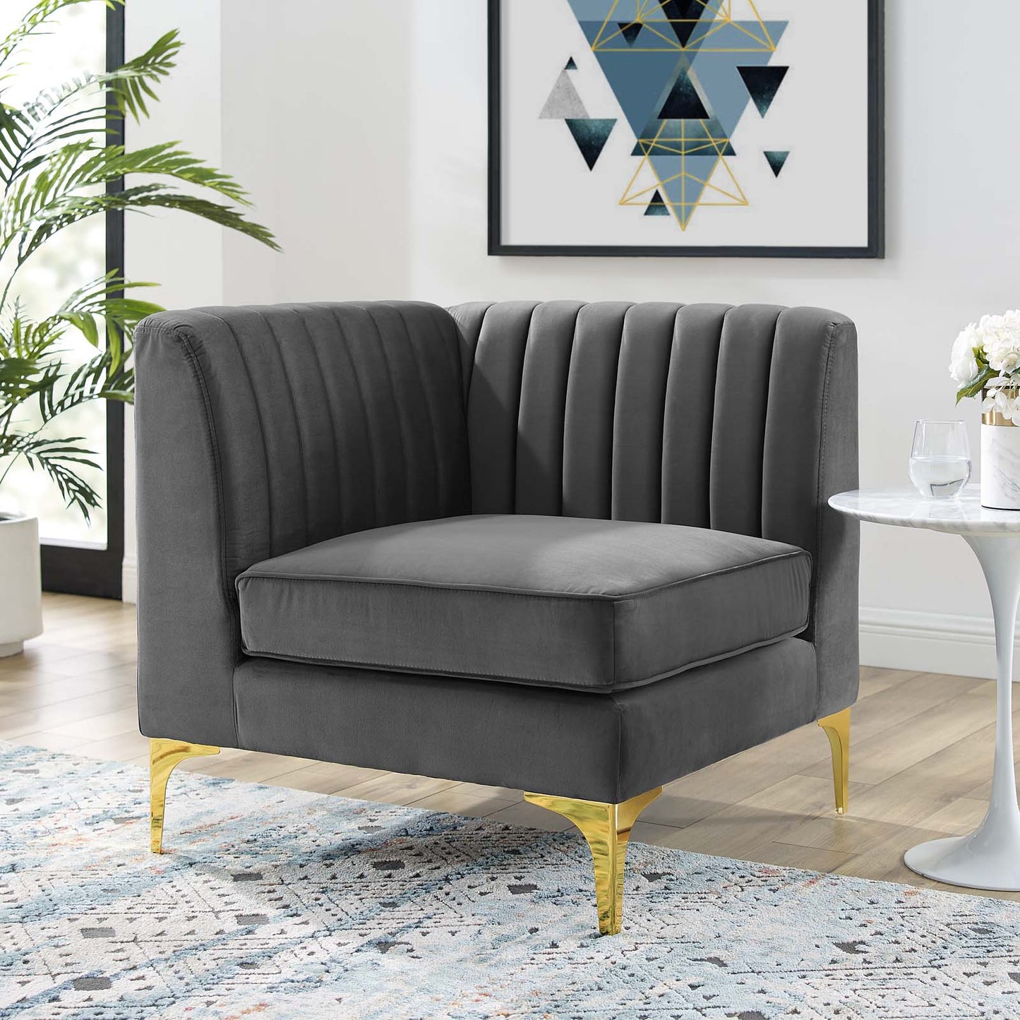 Triumph Channel Tufted Performance Velvet Sectional Sofa Corner Chair, Velvet, Grey Gray, 18922