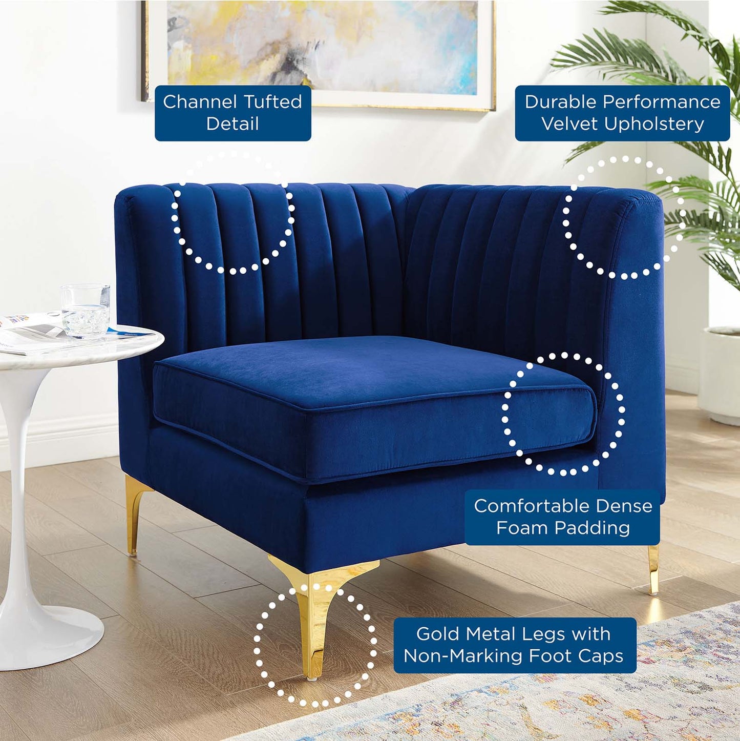 Triumph Channel Tufted Performance Velvet Sectional Sofa Corner Chair, Velvet, Blue Navy, 18923
