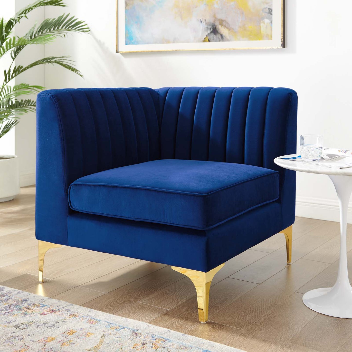 Triumph Channel Tufted Performance Velvet Sectional Sofa Corner Chair, Velvet, Blue Navy, 18923