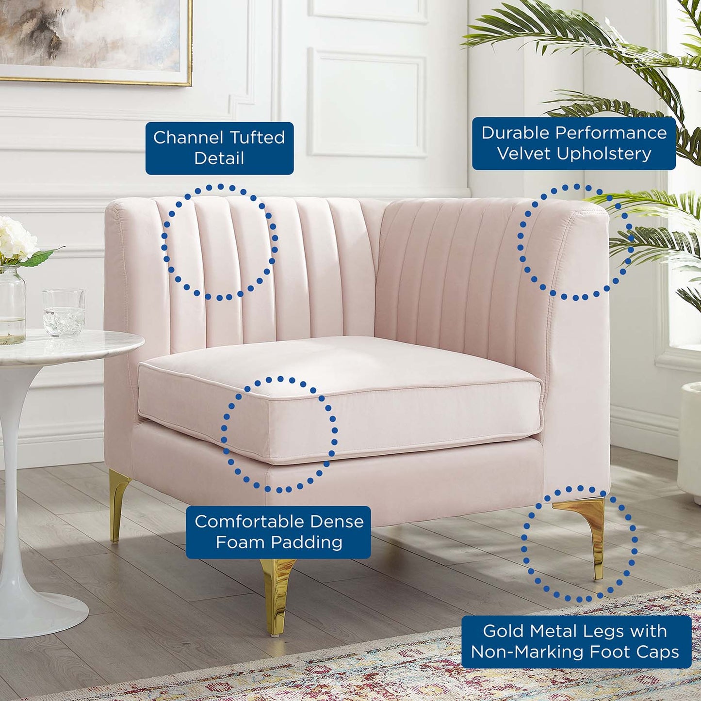 Triumph Channel Tufted Performance Velvet Sectional Sofa Corner Chair, Velvet, Pink, 18924