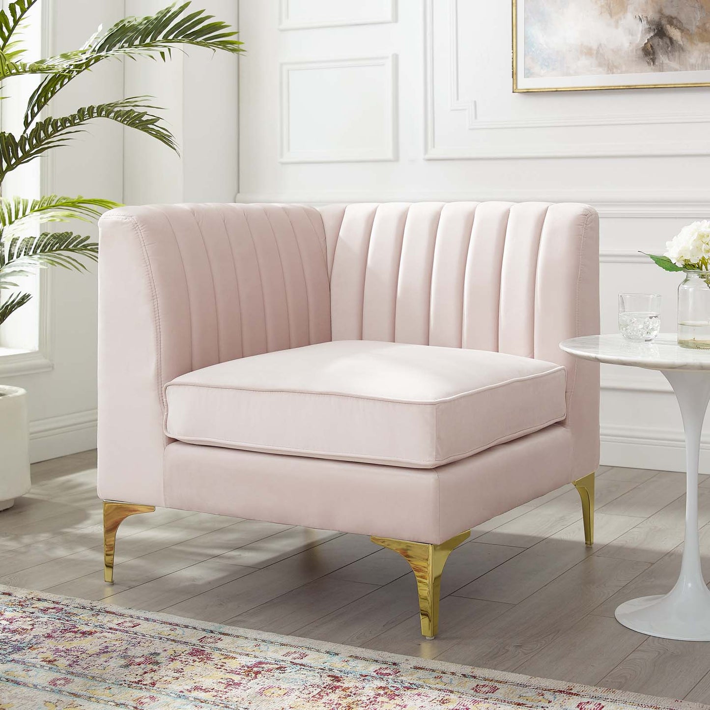 Triumph Channel Tufted Performance Velvet Sectional Sofa Corner Chair, Velvet, Pink, 18924