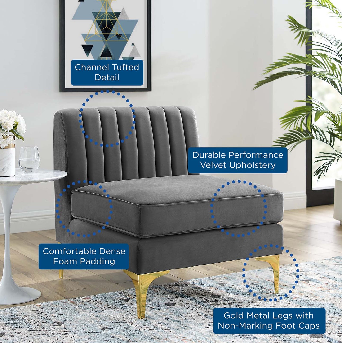 Triumph Channel Tufted Performance Velvet Armless Chair, Velvet, Grey Gray, 18925