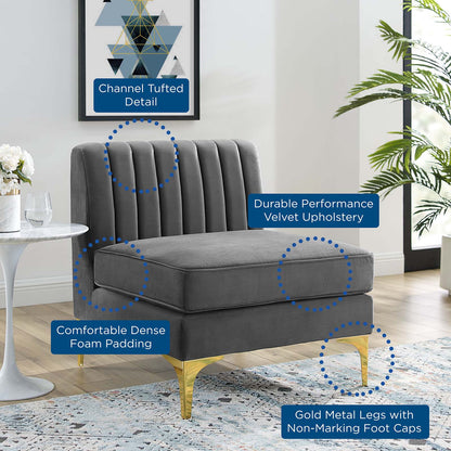 Triumph Channel Tufted Performance Velvet Armless Chair, Velvet, Grey Gray, 18925