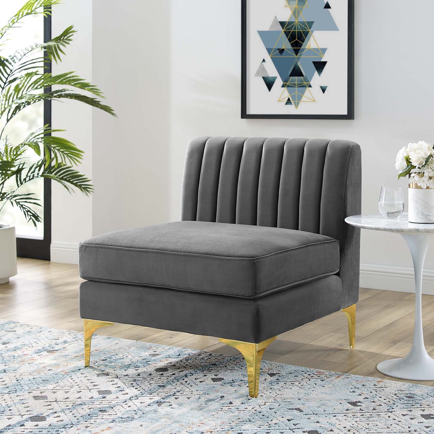 Triumph Channel Tufted Performance Velvet Armless Chair, Velvet, Grey Gray, 18925